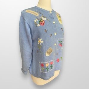 Talbots Small Cardigan‎ Sweater Blue Garden Cherries Strawberry Mellon Seeds